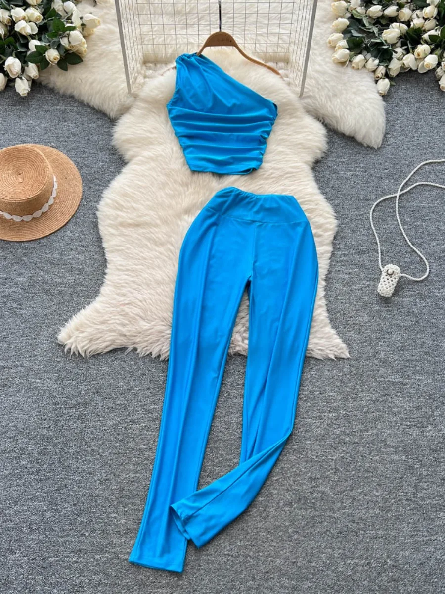 

Foamlina Light Luxury Minimalist Pants Set Women Asymmetrical Collar Vest & High Waist Slim Fit Tight Long Pants 2 Piece Outfit