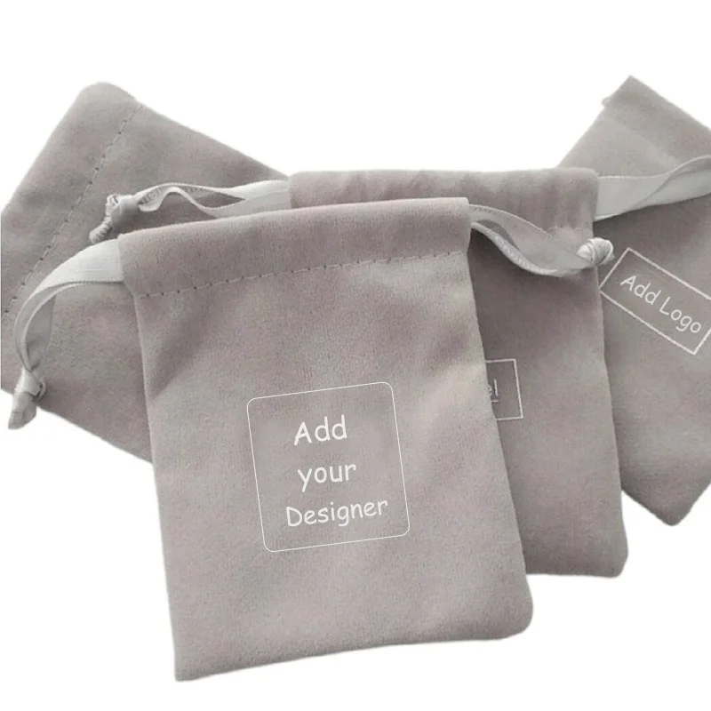 Gray Velvet Gift Bags 5x7cm 7x9cm 8x10cm 9x12cm 50pcs/Lot Eyelashes Makeup Suede Drawstring Pouches Custom Jewelry Logo Pouch