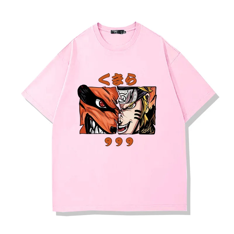 Naruto Uzumaki Kurama Split Face Anime T-Shirt für Männer und Frauen, 9 Tails Kyuubi Graphic Casual Oversized Streetwear Schwarzes T-Shirt – Detail 6