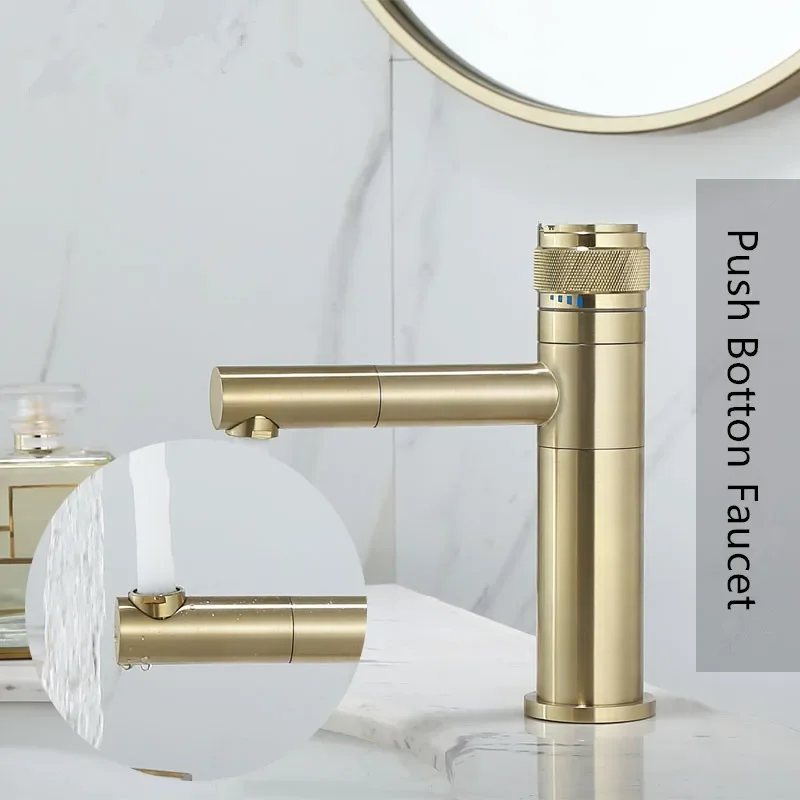 Bathroom Faucet Push Button Brushed Gold Basin Cold &Hot Water Mixer Sink Tap Brass Deck Mounted