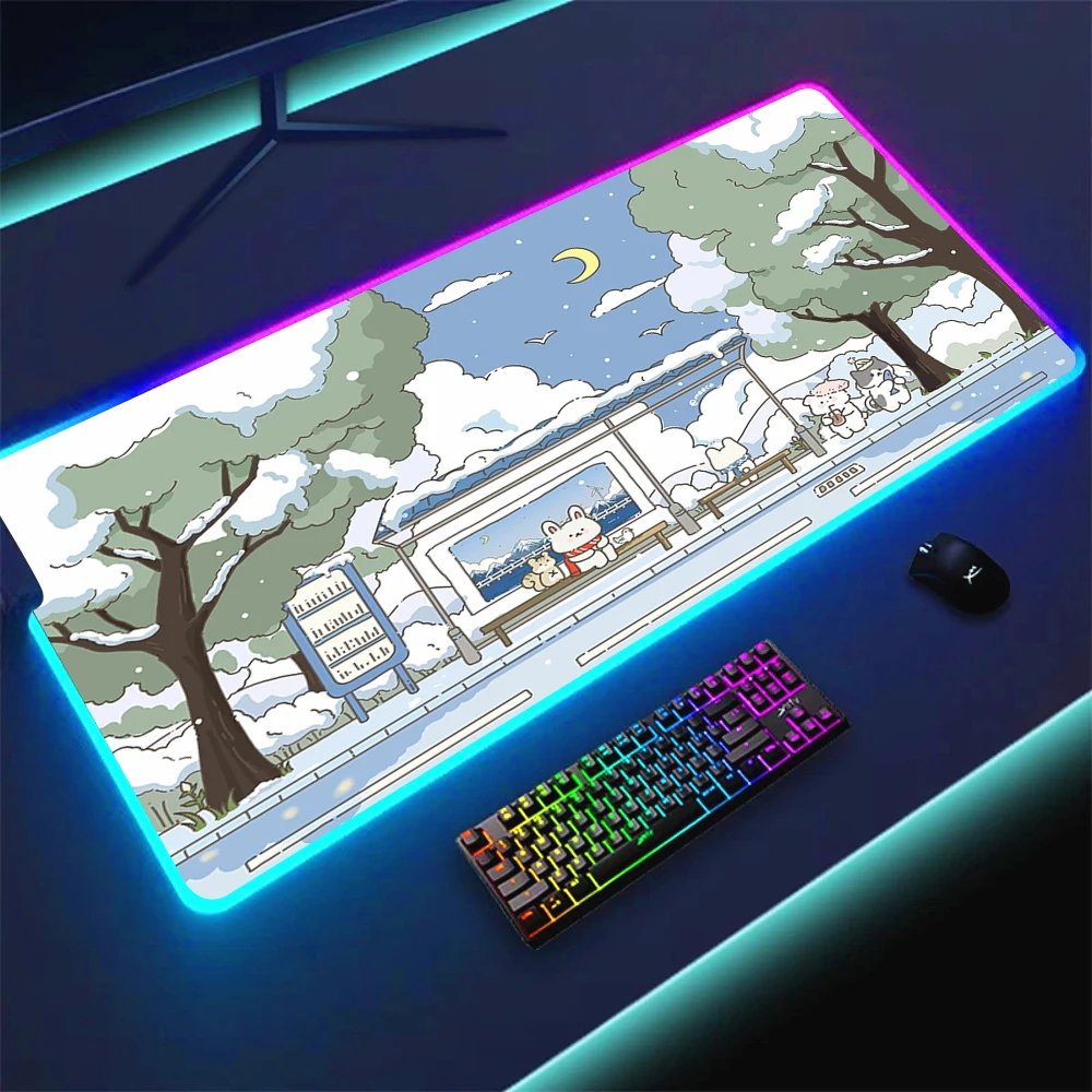 Alfombrilla de ratón impermeable RGB con estampado HD, alfombrilla de ratón para ordenador portátil de oficina Kawaii de conejo, alfombrilla de goma para teclado de ordenador LED de 900x400