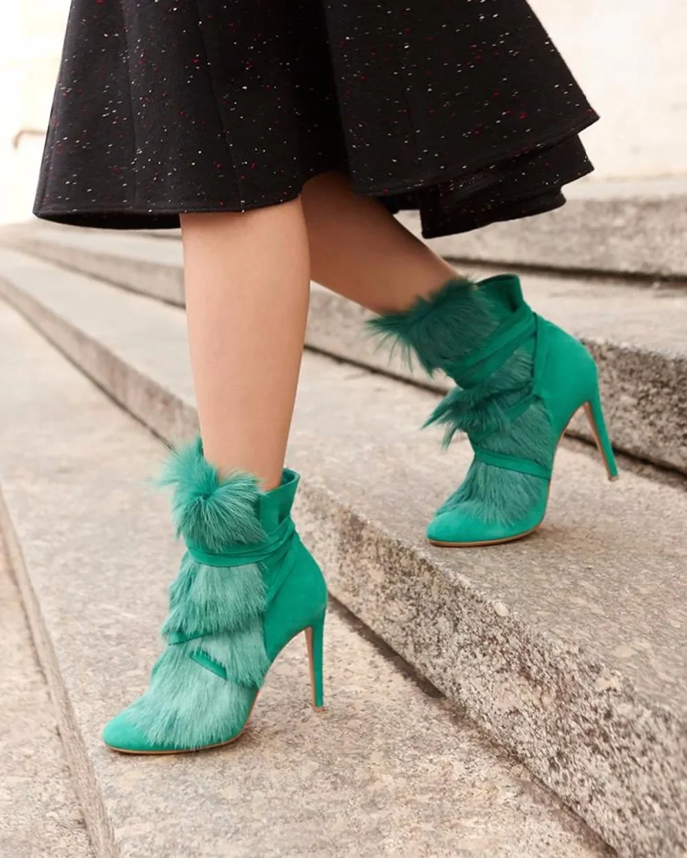 Winter Hot Green Faux Fur Women Fashion Ankle Boots Suede Leatehr Straps Ladies High Heel Boots Sexy Stiletto Boots