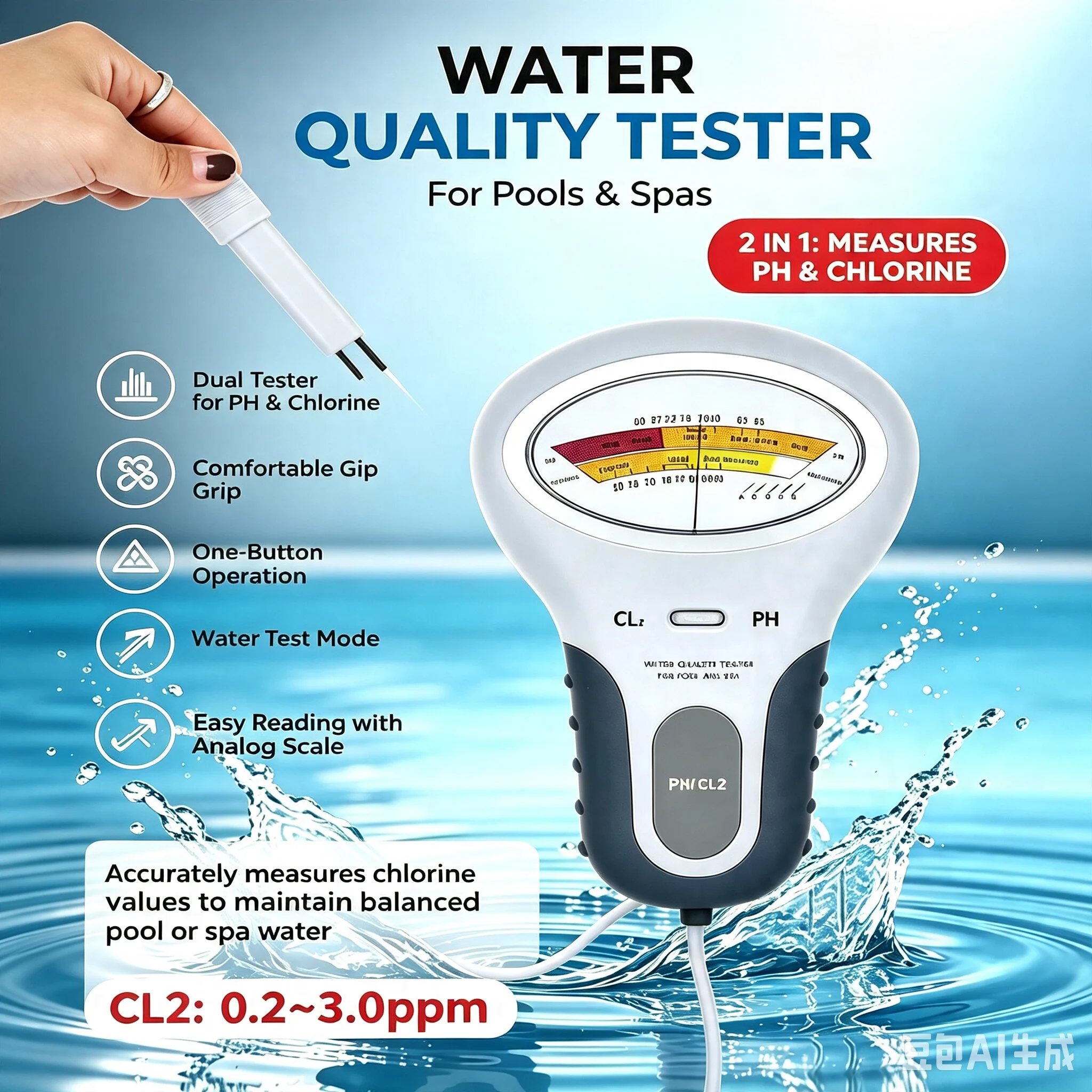 Medidor de Cloro Profesional PH CL2, Monitor de Agua con Sonda, Probador de Cloro, Instrumento Analítico para Calidad del Agua de Piscinas y Spas
