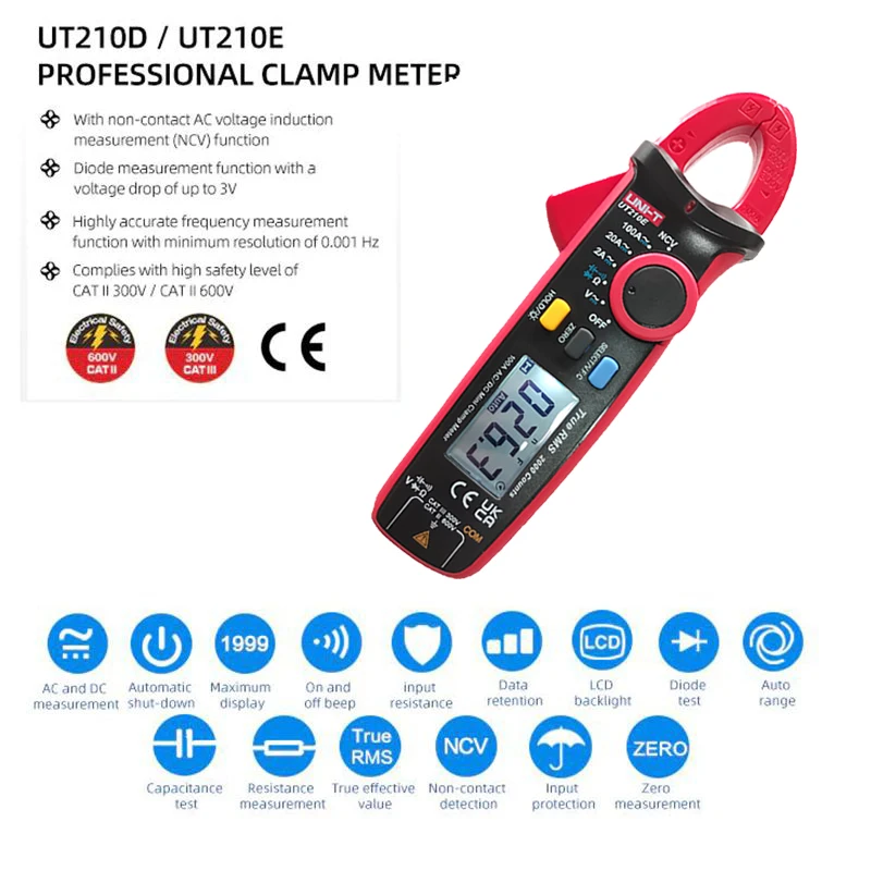 UNI-T UT210D UT210E Mini Clamp Meter NCV True RMS AC/DC Current Voltage Auto Range VFC Capacitance Non Contact Multimeter