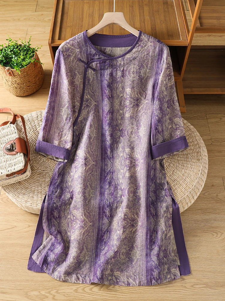 

New Chinese Style Loose Cotton Linen Shirt Women's Large Size Mid-Length Printed Clothing Button Design Summer Thin Long Coat