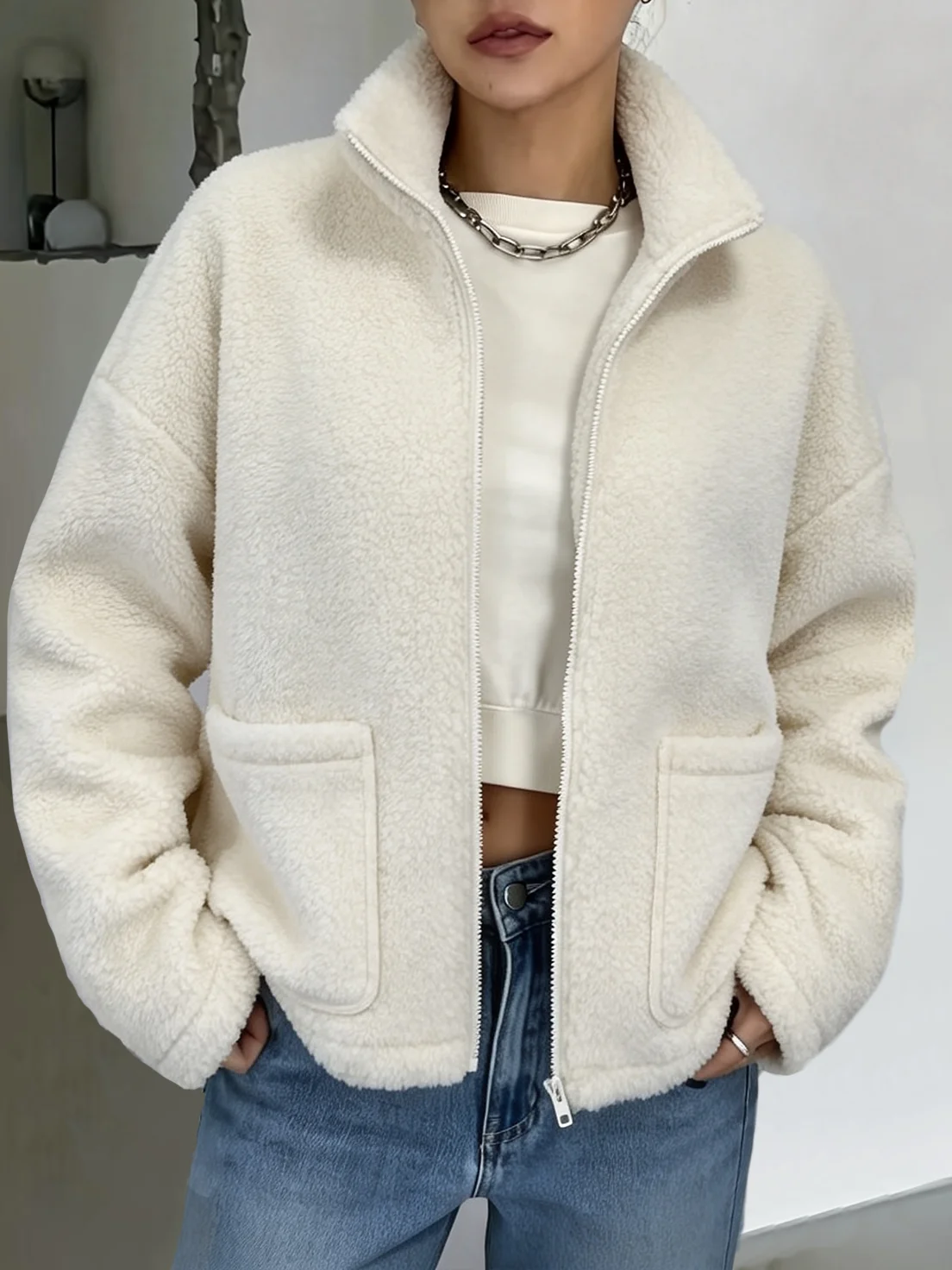 Multi-Color Women Sherpa Fleece Jacket Casual Stand Collar Zip‑Up Fuzzy Winter Jackets Warm Teddy Coat With Pockets S-XXL Size