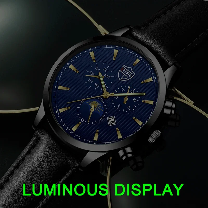 ساعة يد تناظرية من الفولاذ المقاوم للصدأ للرجال ، كوارتز ، مضيئة ، ساعة جلدية زرقاء ، أعمال ، رياضة ، موضة ،