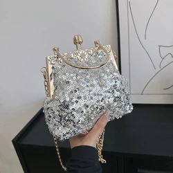 2023 Trend Designer Clutch Bag Silver Sequin Party Evening Chain Shoulder Crossbody Bags Women Hobos Handbag Wedding Purse