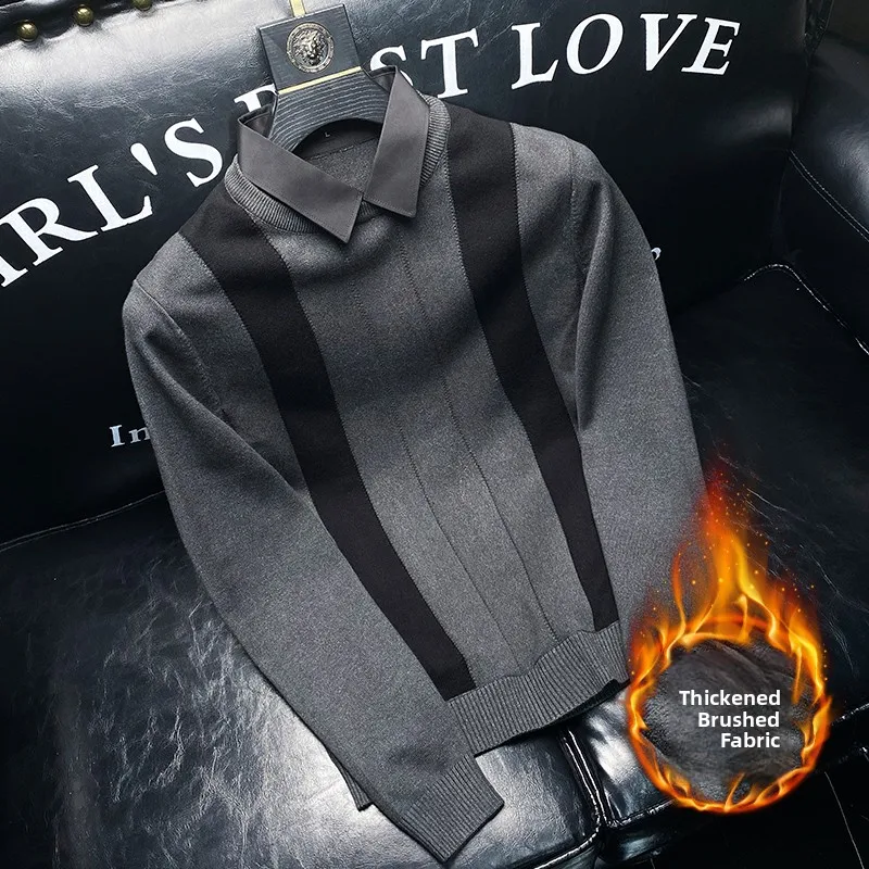 

Men's Winter Fce Lined irt Collar Sweater Slim Fit Busin High ey Knitted Top Youthful een Fiber Casual Long Sve