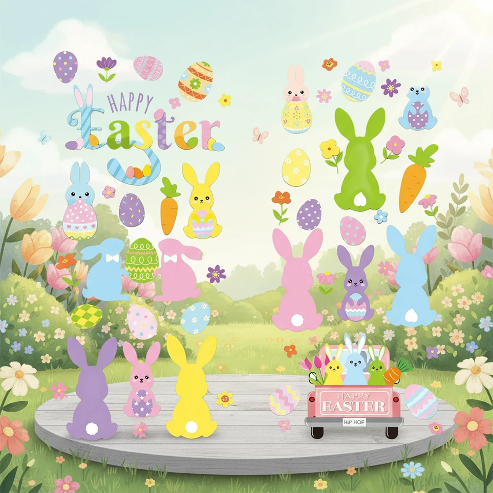 6 Colorful Easter Bunny Static Clings for Windows 20x30cm Window Stickers Electrostatic Film Double Sided Print