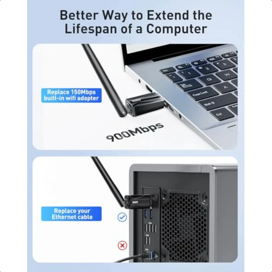 محول واي فاي USB للكمبيوتر المكتبي AX900 WiFi 6 ثنائي النطاق 5G 2.4G محول لاسلكي مع هوائي 7DBi لـ Win11 10 WiFi Dongle لـ Des #5