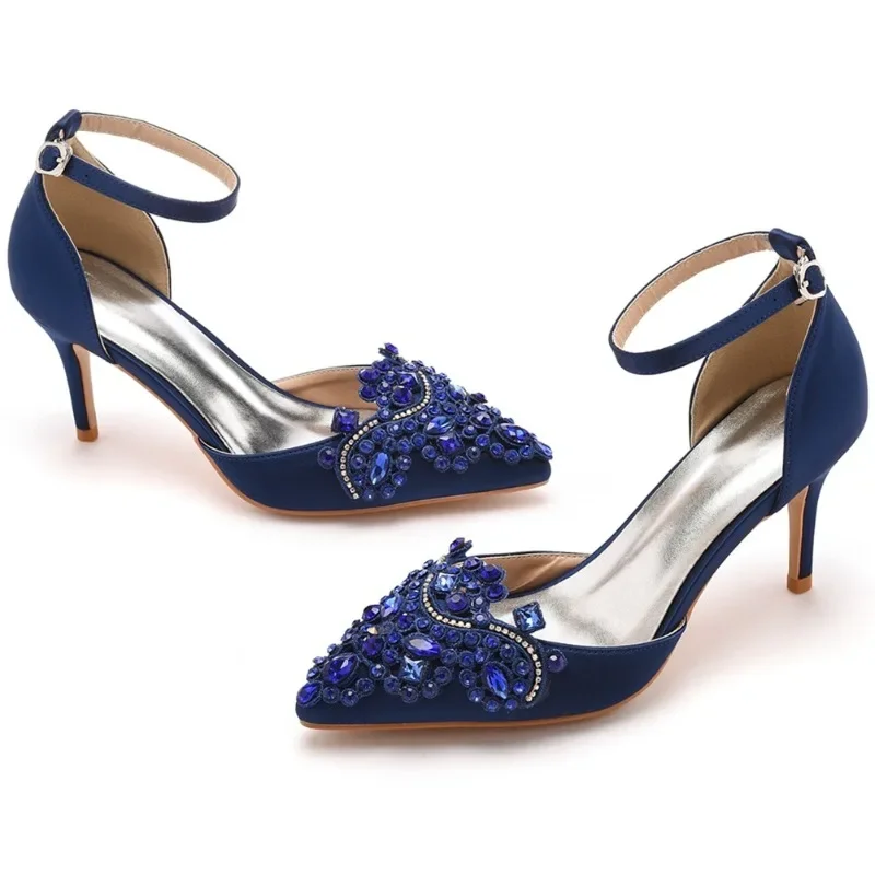 Strap Sandals Party Rhinestone Silk 7CM Cover Heel Buckle Strap Formal Dress Shoes For Women Navy Blue Dance Female Shoes