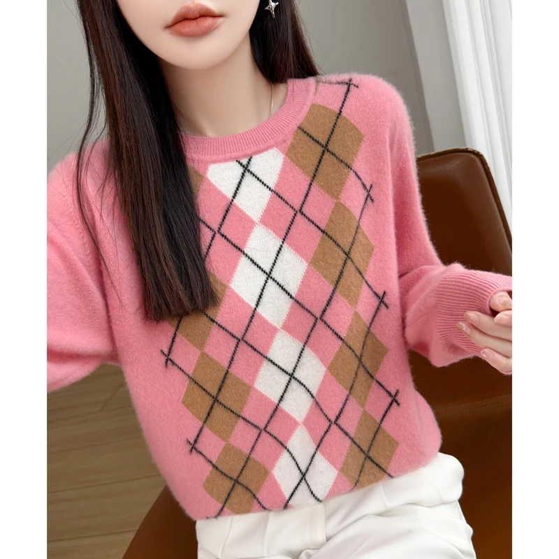 Suéter feminino 100% lã com padrão de diamante, gola redonda, manga comprida, pulôver macio e quente de lã merino, outono inverno, tops básicos