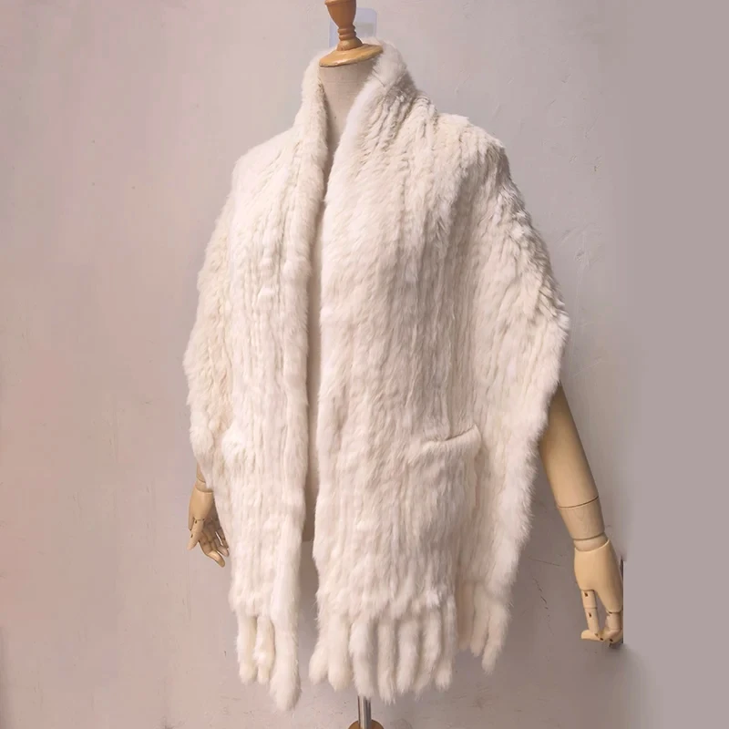 

Women Real Rabbit Fur Shawl With Tassel Long Female Hot sale Fashion Luxury Genuine Fur Wrap Female Cape