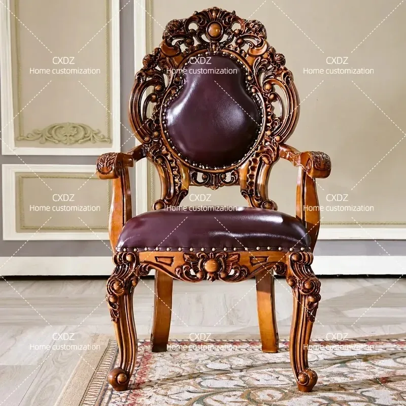 European Solid Wood Dining Chair Double Sided Carved Leather Armchair for Restaurant Hotel Club Table Furniture