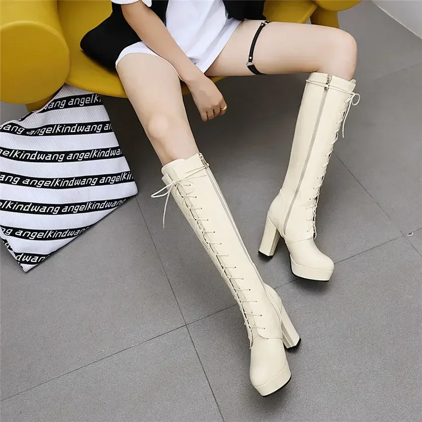 Plus Size Women Knee-high Platform Boots 10cm High Block Heel White Red Patent Leather Party Club Lady Lace-up Zipper Long Boots