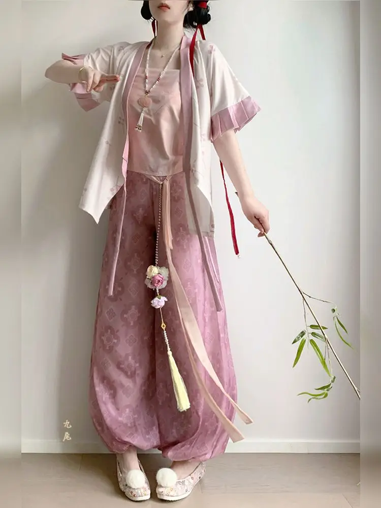 Jin Dynasty Hanfu Set - Women's Cross-Collar Short Sleeve Top Lantern Pants Traditional Chinese Clothing for Daily Wear view 6