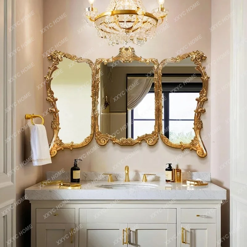 

Q retro three-fold bathroom mirror living room wall hanging carved special-shaped three-sided mirror style