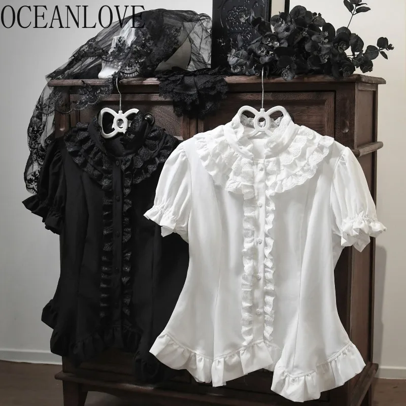 

OCEANLOVE Ruffles Vintage Blouses Japanese Style Fashion Spring Summer Sweet Women Shirts Cute Solid Elegant Blusas Mujer