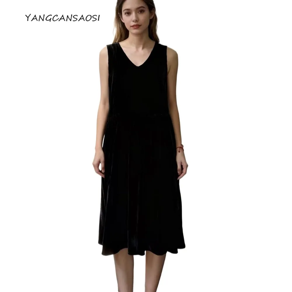 أزياء الخريف النسائية السوداء 30% التوت الطبيعي الحرير المخملية بلون فاتح فاخر سليم صالح جولة الرقبة فستان ريترو