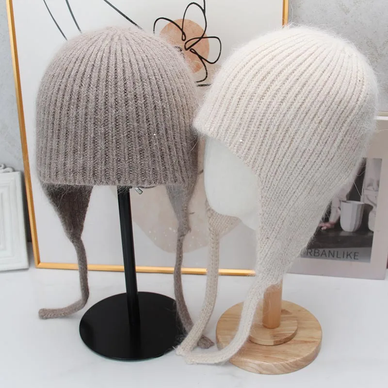 Bomber Earflap Women Winter Angora Wool Knit Beanie Warm Headwear Accessory For Cold Weather Outdoor Skiing Sports Fashion