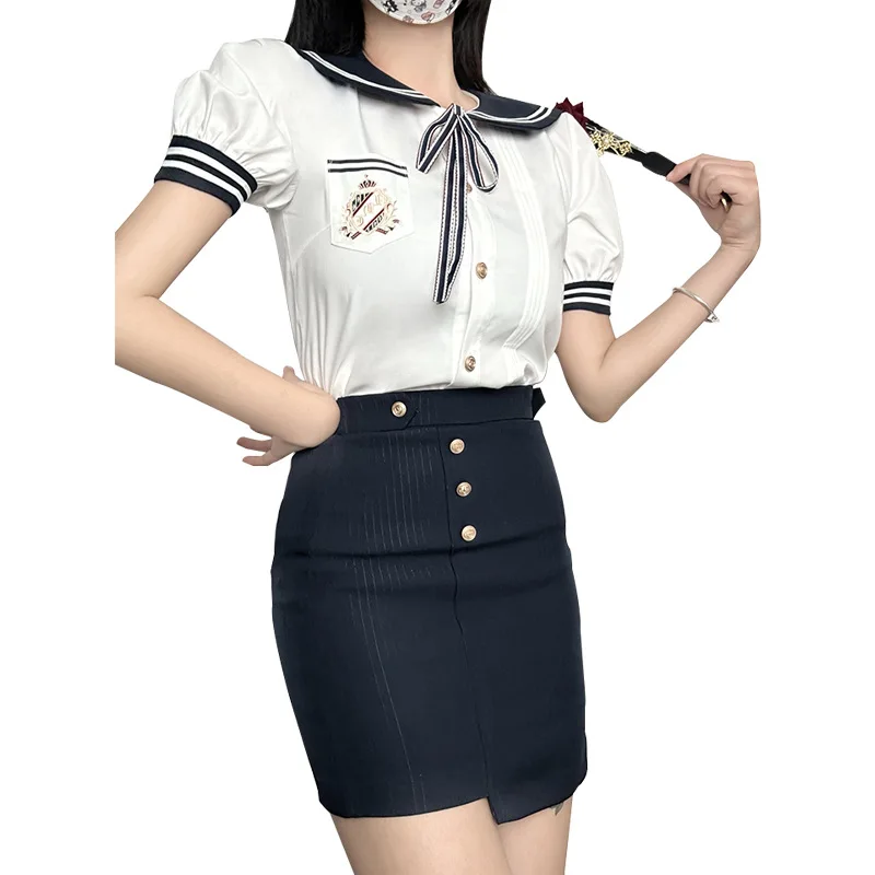 2023 koreanische Uniform würziges Mädchen Set Sommer JK Seemann Hals Blase Ärmel Shirt Design fühlen sich gewickelt Hüfte kurzen Rock Nachtclub Kleid