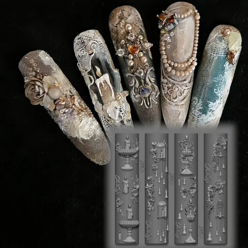 3D Vintage Nail Silicone Mold Rose Birdcage European Candlestick Roman Column Candle Nail Accessory Transparent Nail Art Mold