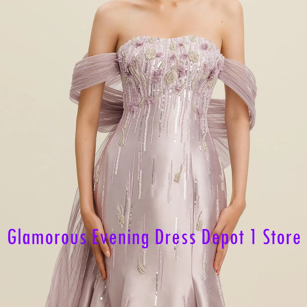 Customized Exquisite Crystal Bow Off The Shoulder Satin Evening Dresses Elegant Straight Floor Length Strapless Short Sleeves