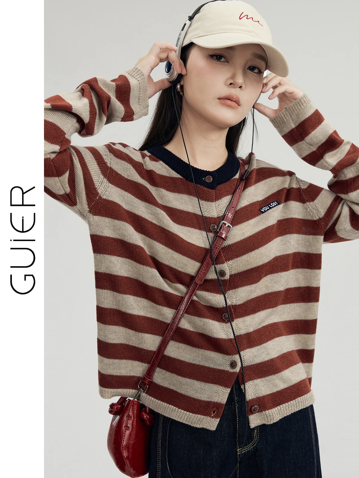 

Guier Women's Knitted Open Cardigan Spring Autumn 2026 New Retro Color Blo round Ne Loose Top Striped Pattern Long Sve