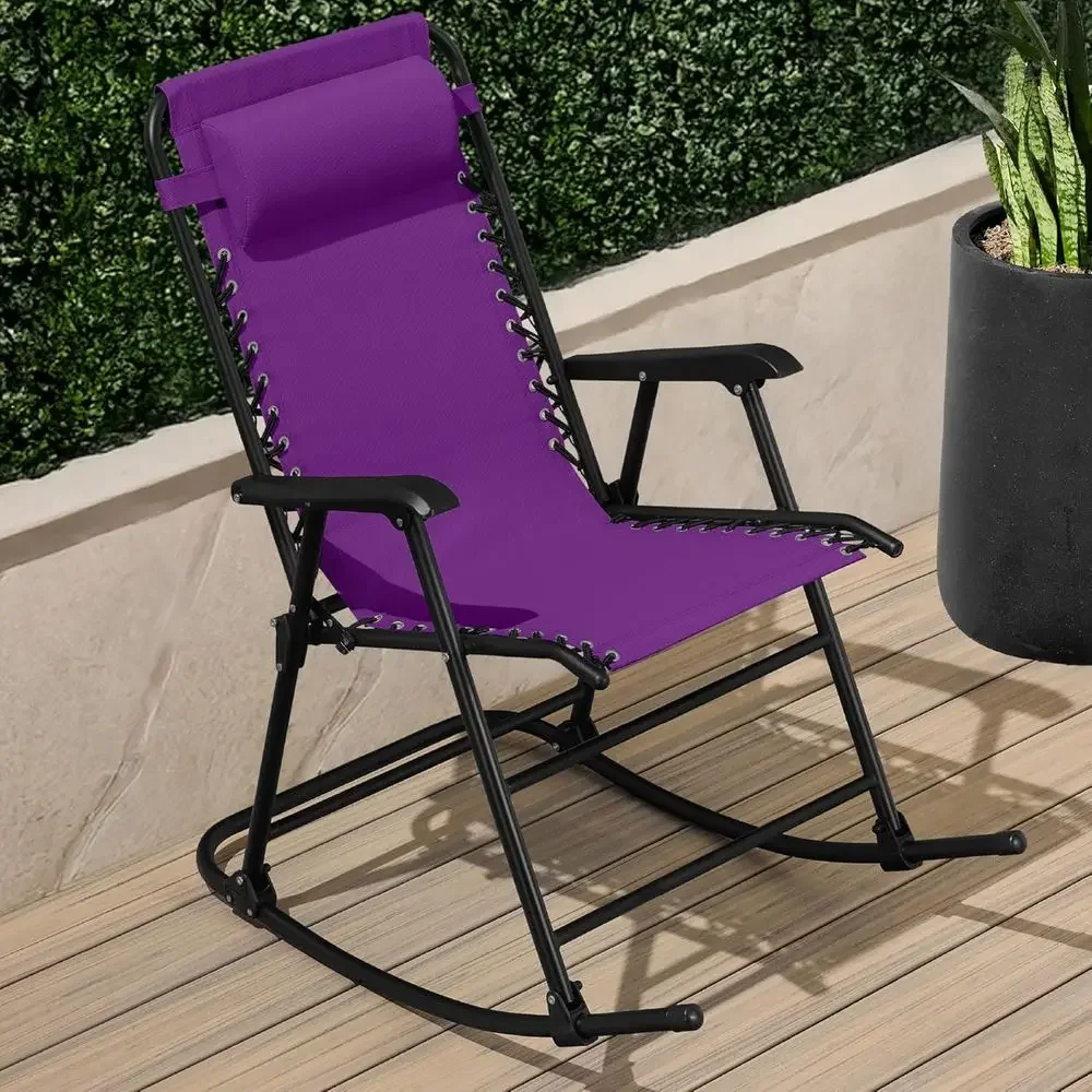 Amethyst Purple Zero Gravity Reclining Outdoor Rocking Chair with Adjustable Pillow for Patio, Lawn, Beach, and Camping