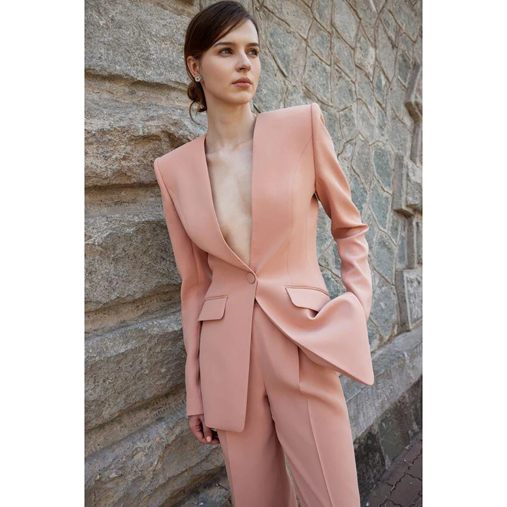 Fashion Single Button Elegant Pink Women Pants Set High-end Female Two Pieces(Jacket+Trousers)أطقم بناطيل