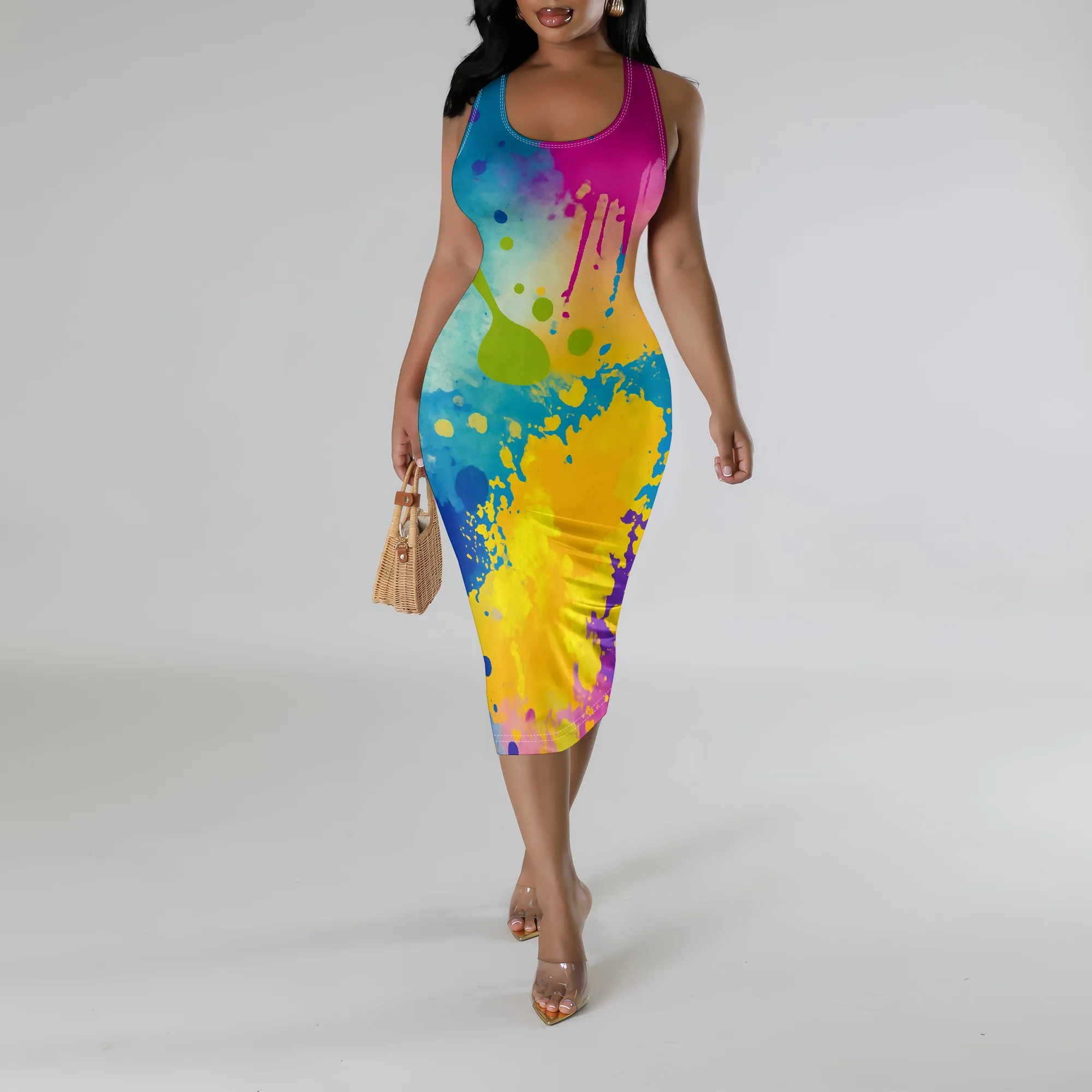 

Women's Bodycon Midi Dress Sleeveless Splatter Paint Party Clubwear Streetwear Plus Size XS-3XL