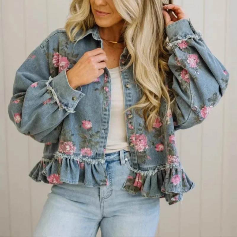 Denim Jacket Vintage - Женская джинсовая рубашка-куртка с цветочным принтом,