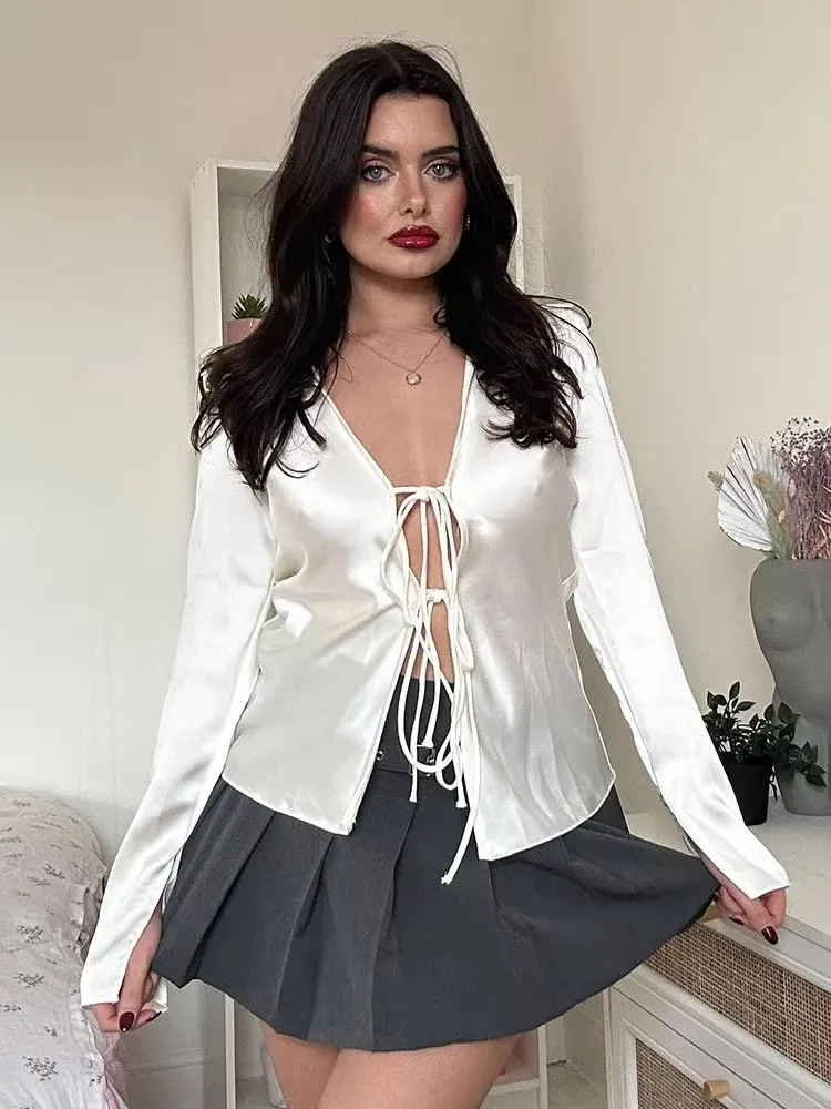 HH Frauen Mode Langarm Tie-Up V-ausschnitt Bogen Bluse Straße Kleidung 2024 Frühjahr Neue Satin Hemd Chic Damen tops Mujer