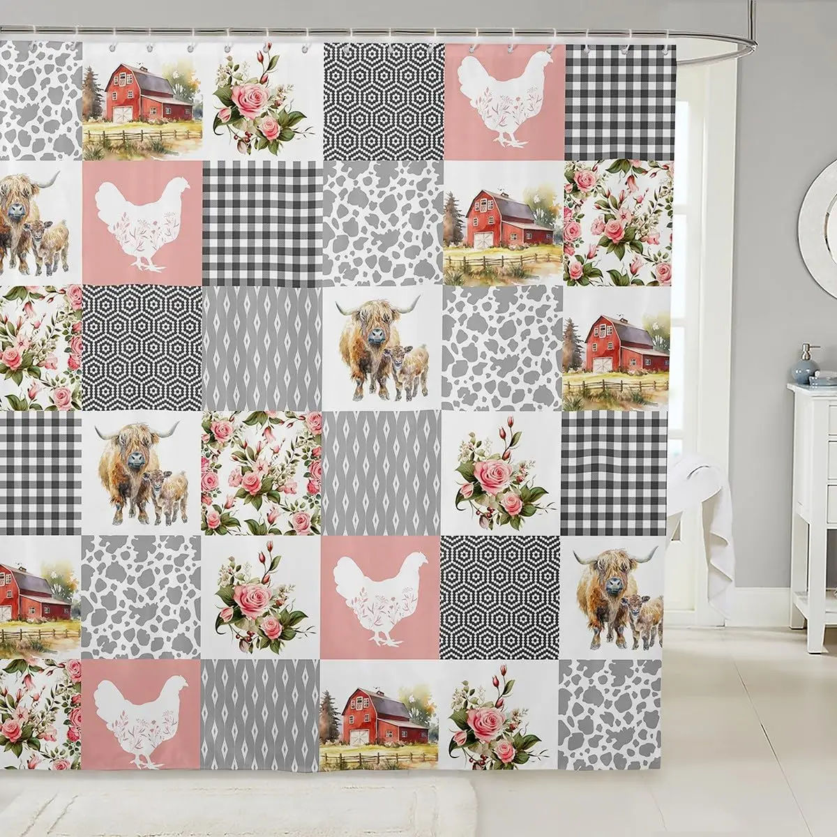 

Farmhouse Barn Shower Curtain,Chicken Highland Cow Flowers Grid Bath Curtain for Kids Boys,Rustic Pink Patchwork Geometric
