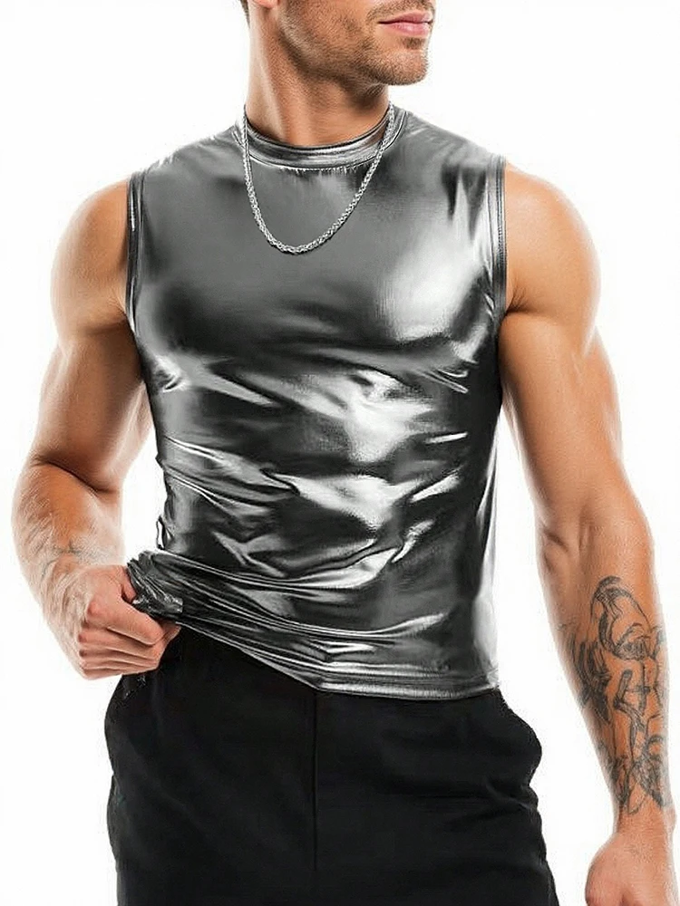 Vintage Shine Tank Tops Mens Party Fashion Sleeveless O Neck Vest T Shirt 2026 Summer Streetwear Men Casual Solid Color Camisole