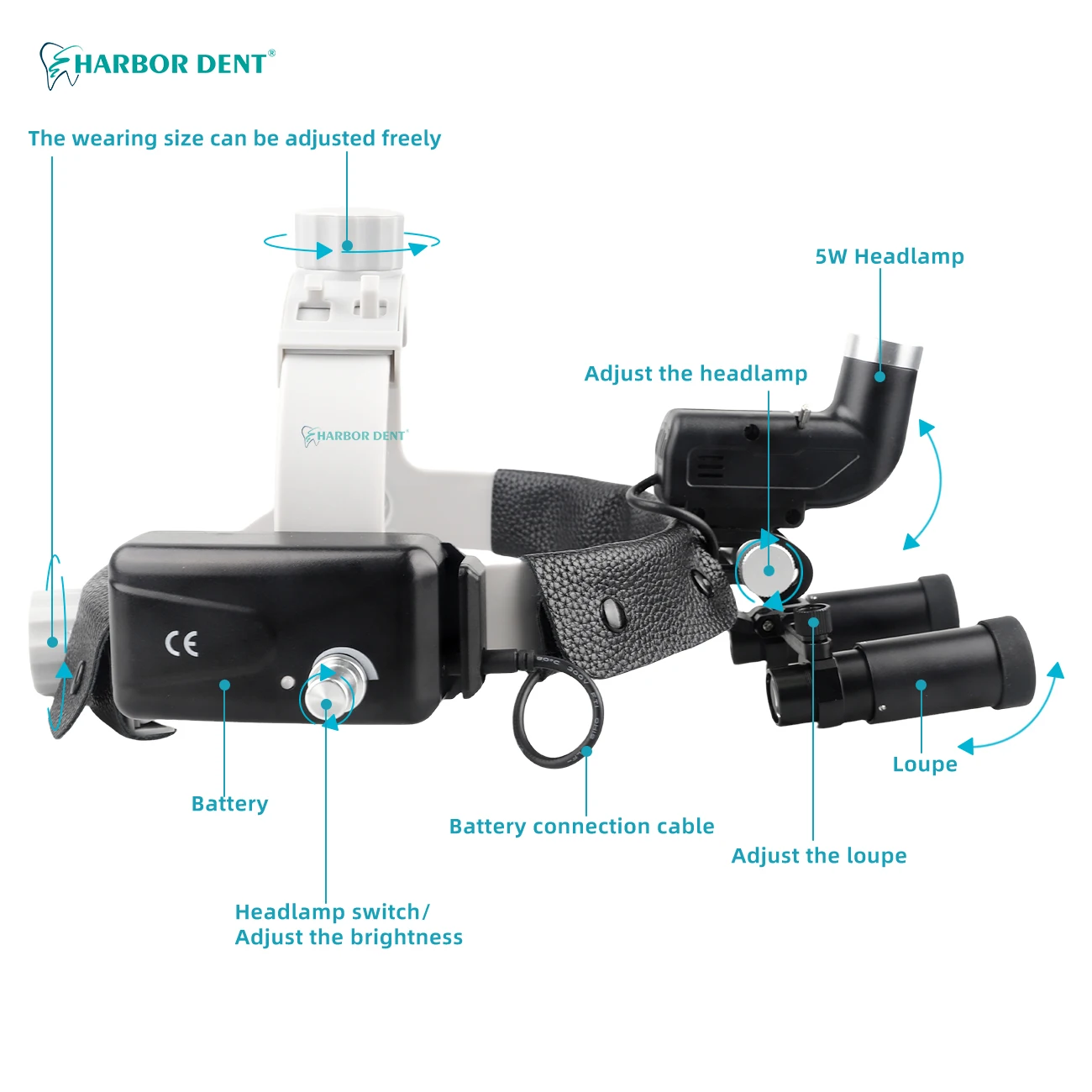 ENT Headlight Wireless 6X Binocular Loupes/5X High Magnification Lens 6000 Lumens 6h Runtime Harbor Dent