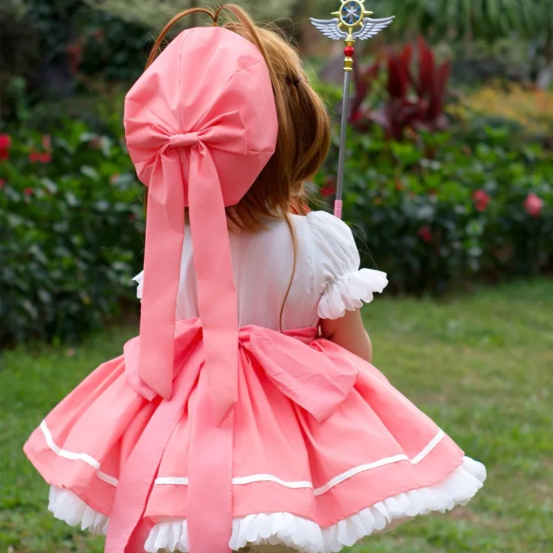 Girls Anime Kinomoto Sakura Cosplay Costume Wig Magic Staff Lolita Dress Uniform Full Set Halloween Party Role Play Suit - view 2