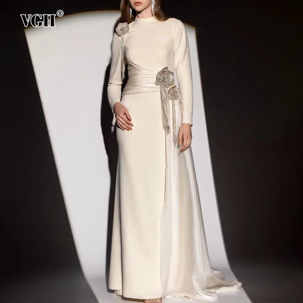 

VGH Spliced Appliques Solid Slimming Elegant Dresses For Women Stand Collar Long Sleeve High Waist Folds Chic Dress Female New
