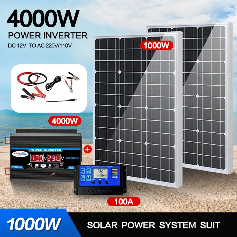 

110V/220V1000W Glass Solar Panel System 12V Battery Charging Controller 4000W Solar Inverter Kit Complete For Home/Outdoor Use