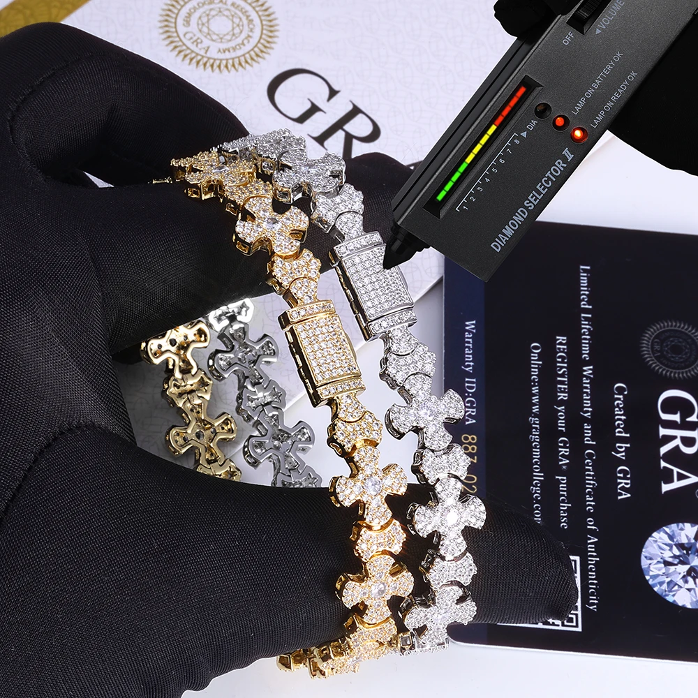 

ESKEEM Luxury 12mm Bangle for Men Full Iced Out Moissanite Cross Bracelet Design 18K Gold Plated 925 Silver Jewelry