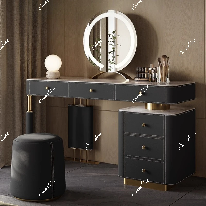 

Saddle leather dresser modern bedroom light luxury rock slab storage makeup table