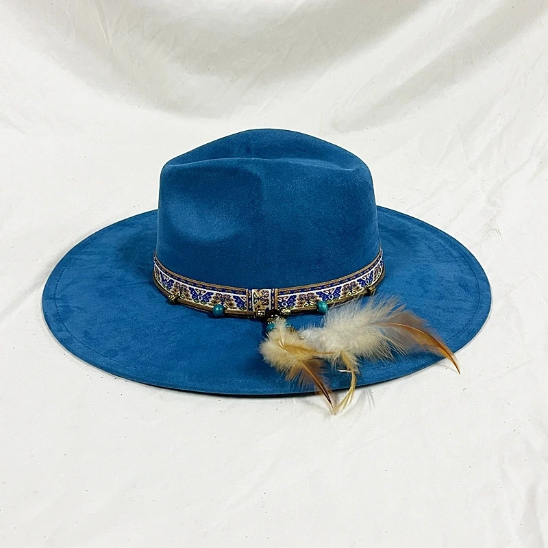 Suede hat peach heart fedora new large brim jazz hat ethnic style feather felt hat Tibetan retro hat шляпа женская