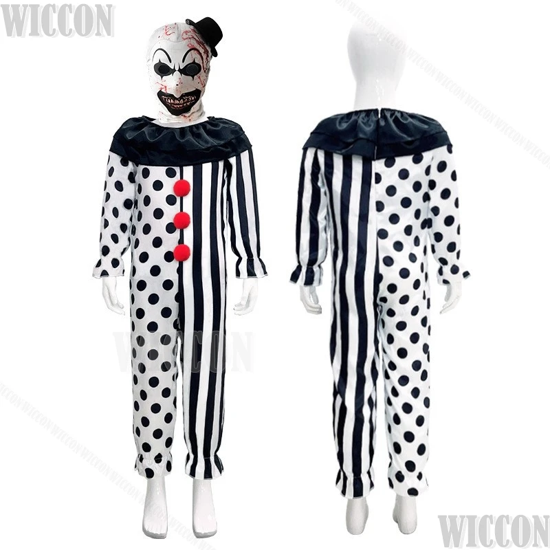 Fantasma Horror para Crianças, Cosplay Palhaço, Roupa Halloween, Chapéu de Decoração, Headwear, Vestido Uniforme Preto e Branco, Roupas Vampiras, 110-150cm