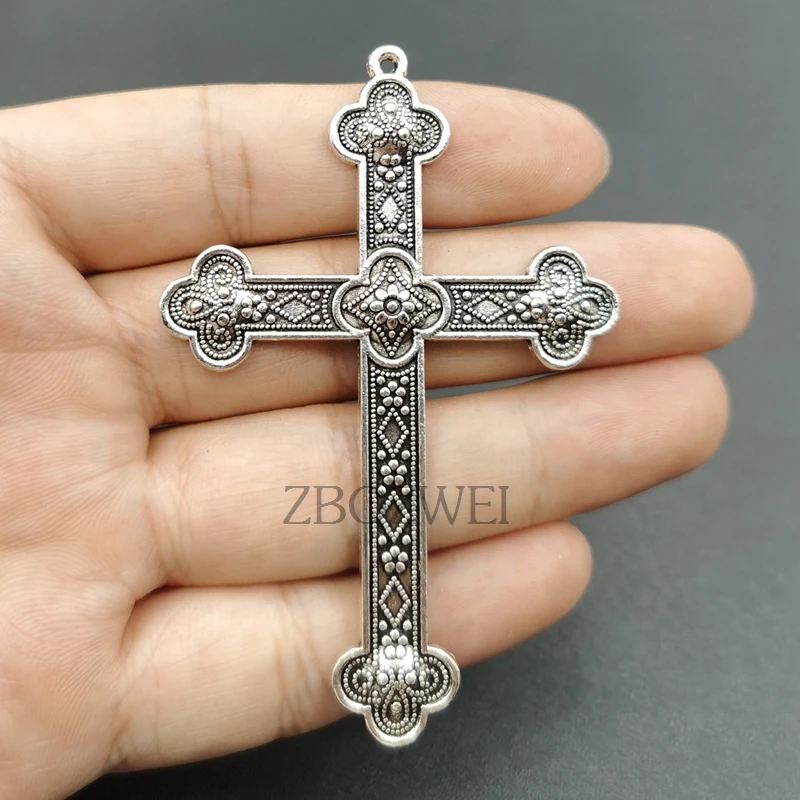 5pcs 80*54mm Silver Plated Large Christian Flower Cross Vintage Necklace Metal Accessories DIY Charm Jewelry Crafts Making