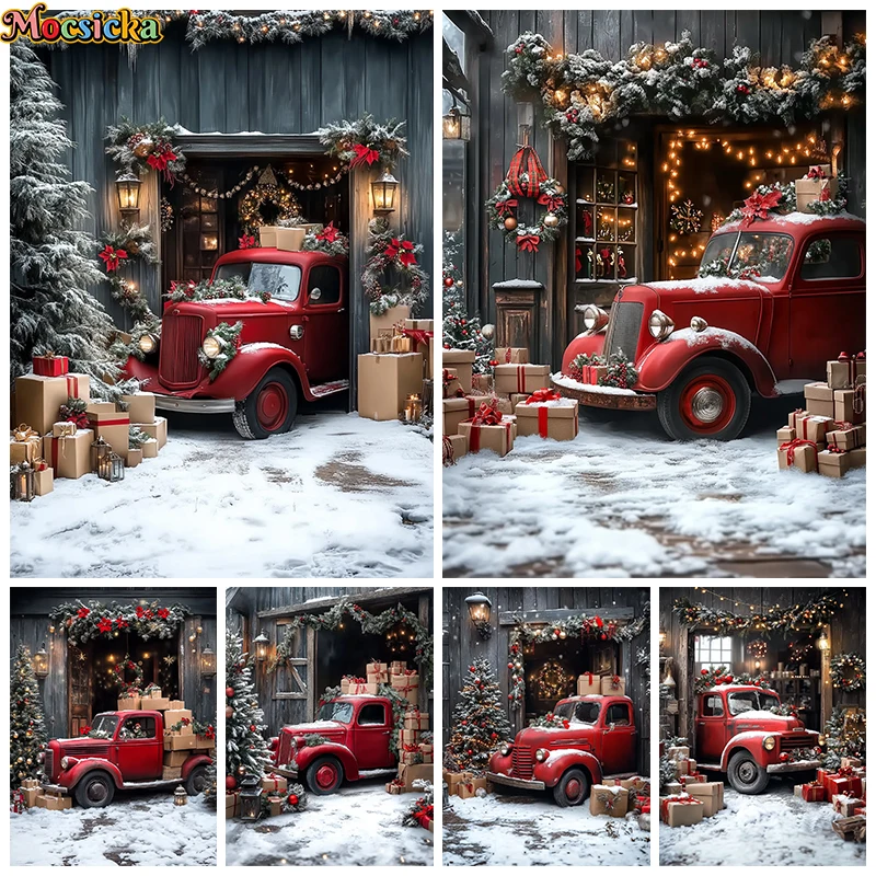 

Mocsicka Christmas Backdrop For Photography Wood House Gifts Winter Red Truck Snow Tree Decor Kids Baby Background Photo Studio