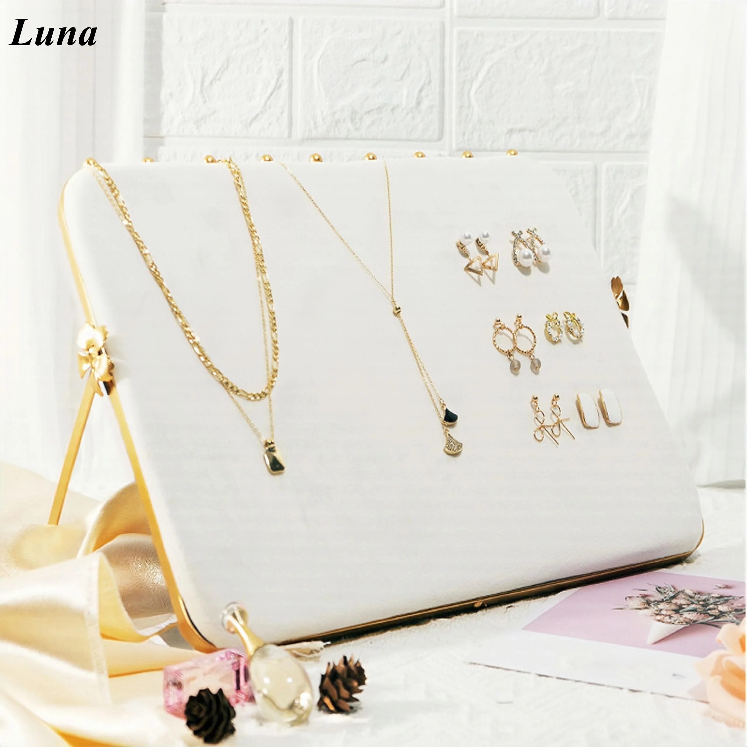 

10.24” Dual-Tone Metal Necklace Display Stand with Velvet Base – Jewelry Holder for Retail & Home (Pink/White)