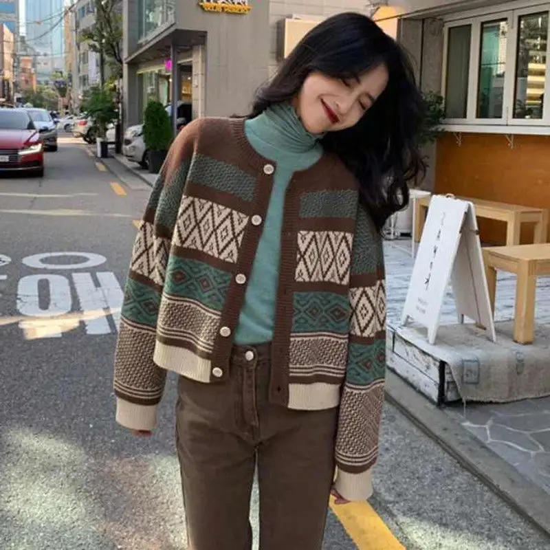 

Sweater Cardigan Geometric Pattern Round Neck Knitted Top Short Women'S New Knitted Sweater Autumn And Winter Warm