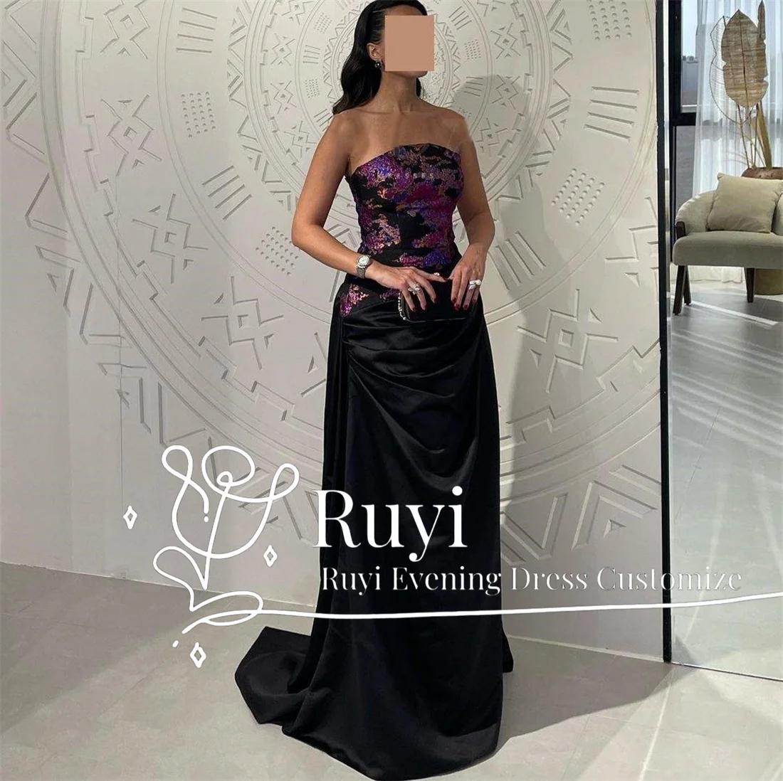 Customized Purple Shiny 3D Relief Printing Evening Dresses For Special Occasion Black Satin Sleeveless Luxury Evening Dress