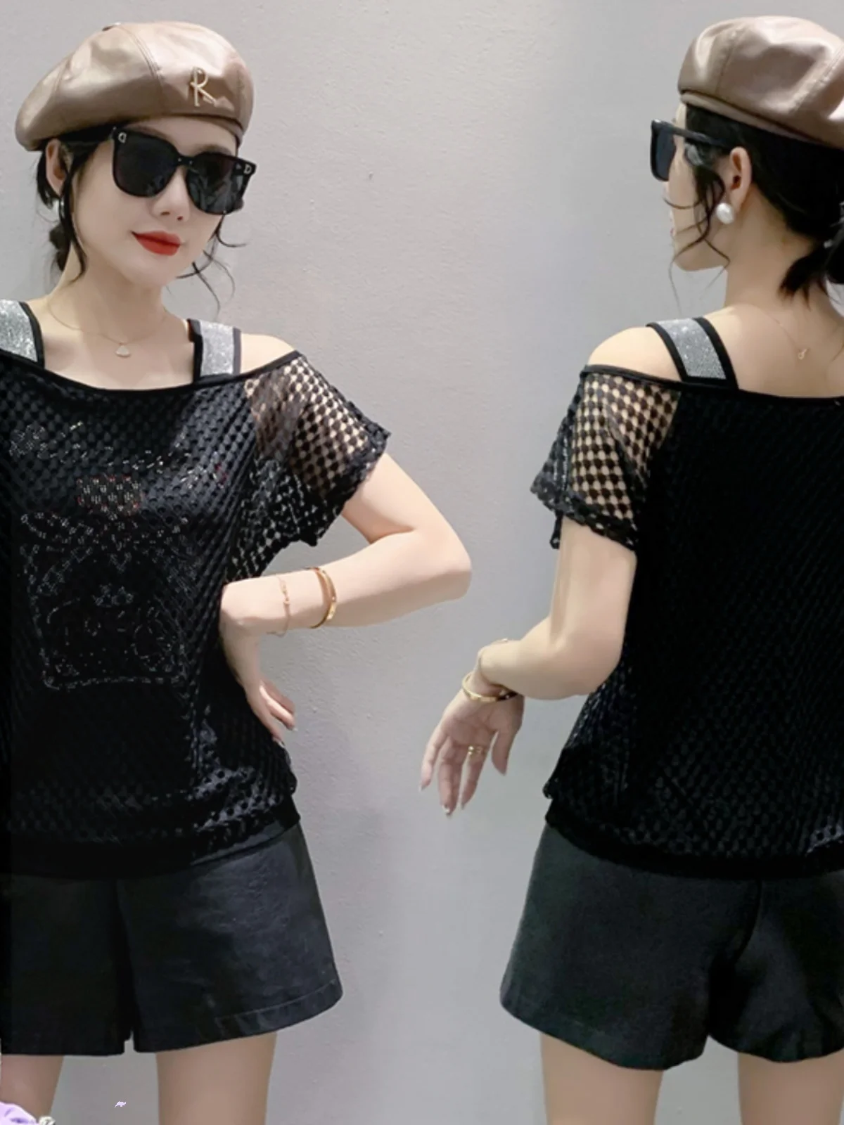 الدانتيل لصق ort Sve تي شيرت المرأة الصيف Faion تصميم تحسس لي حجر الراين طباعة قمة العصرية الشارع Sle لون نقي